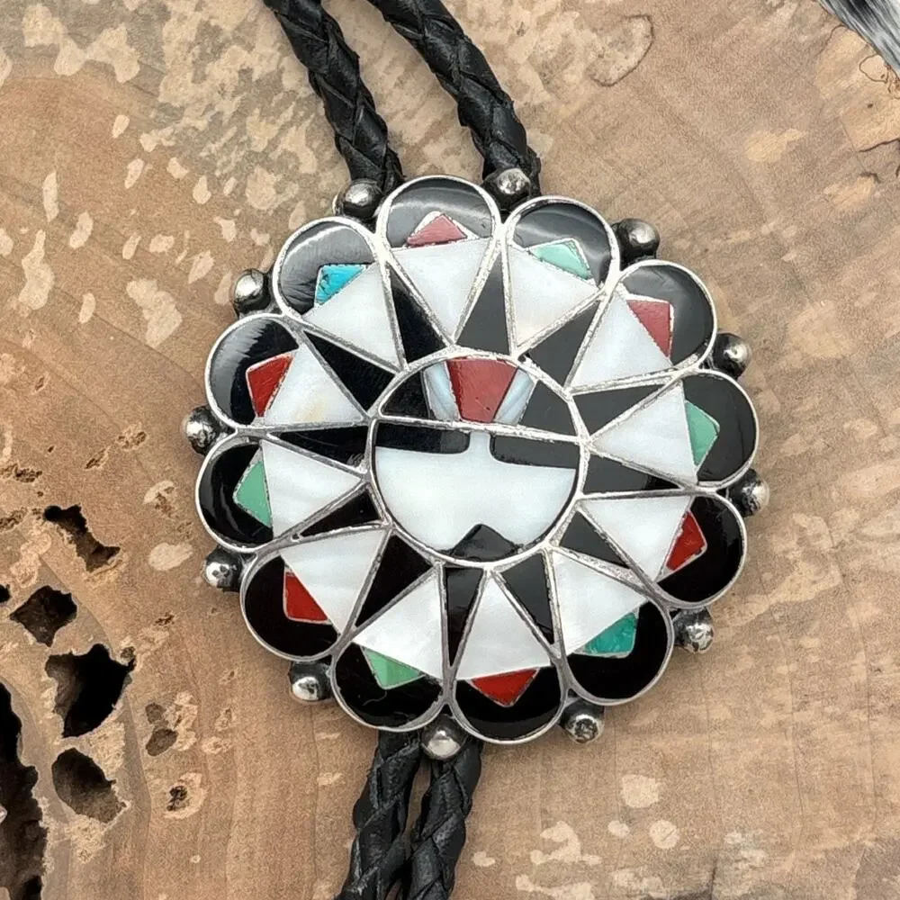 1950s Native American ZUNI Sterling Silver Multi-Stone Inlay Sunface Bolo Tie